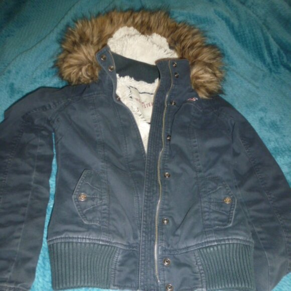 Hollister Coat Faux Fur Hooded Utility Outerwear Navy Blue SzS - Picture 12 of 15